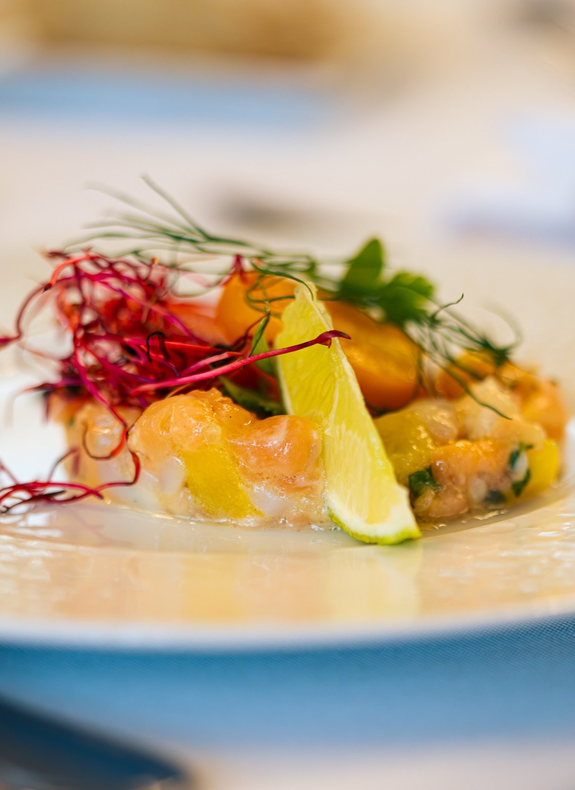 Gros plan sur un tartare de poisson dressé avec un quartier de citron vert