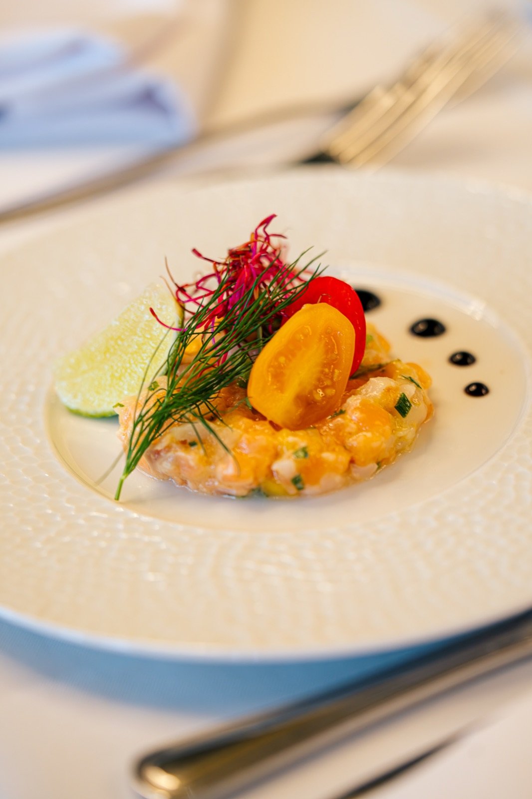 Assiette de tartare dressée avec des herbes et une tomate cerise